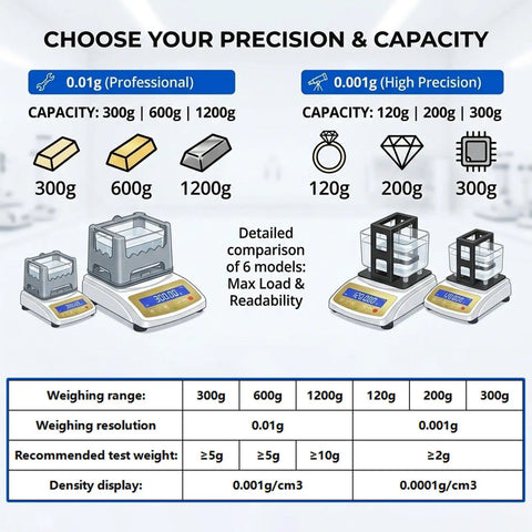 Pro Grade Gold Purity Tester Kit With 0.01g To 0.001g Accuracy Non Destructive Verifier capacity comparison chart