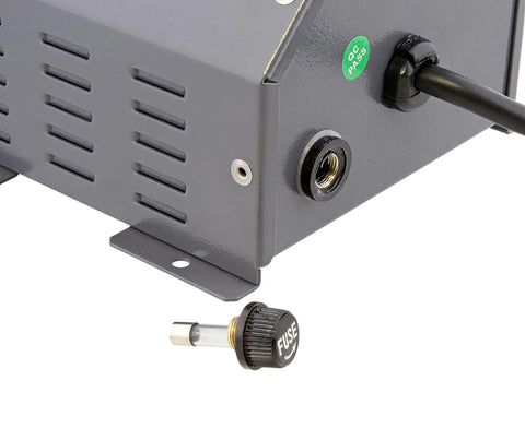 Close-up of Electric Rope Cutter Hot Knife 30W with 932 Degrees Fahrenheit Rapid Heat Blade showing fuse and power cord connection