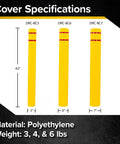 High Density Polyethylene Safety Bollard Covers Refresh Rusty Outposts With Zero Sweat Installation Plus Included Foam Pad For A Snug Setup Blocks Scratches On Pavement While Keeping The Area Looking Clean Without Any Extra Drama Year Round, three yellow bollard covers displayed with specifications.