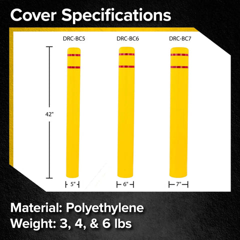 High Density Polyethylene Safety Bollard Covers Refresh Rusty Outposts With Zero Sweat Installation Plus Included Foam Pad For A Snug Setup Blocks Scratches On Pavement While Keeping The Area Looking Clean Without Any Extra Drama Year Round, three yellow bollard covers displayed with specifications.