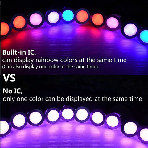 Comparison of Dope 20 Pack LED Deck Lights Kit 1.77 Inch RGBW IC, top with multicolor, bottom with single color.
