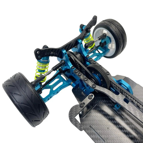 Close-up of 1 To 10 Scale Alloy And Carbon D4 AWD Drift RC Car Frame Kit showing rear suspension and wheel assembly.