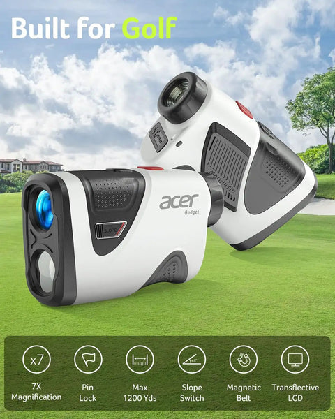 Pro Golf Rangefinder With Slope Switch And Pin Lock Vibration for precise readings up to 1200 yards, 7X magnification shown on golf course