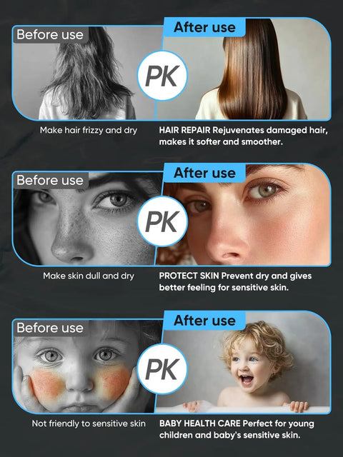 Before and after effects of hair, skin, baby skin with PK product, showing rejuvenation and smoothness.