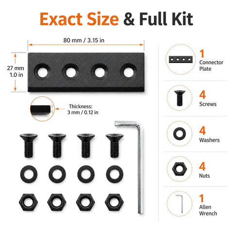 Heavy Duty Sliding Barn Door Track Connector Rock Solid Carbon Steel Splice Kit includes connector plate, screws, nuts, and washers.