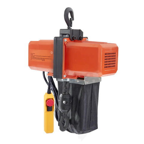 Heavy Duty 1100 Lb Electric Chain Hoist 15 Ft Lift 120V Copper Motor with remote control and hook attachment.