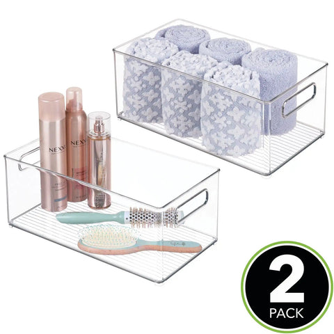 Deep Plastic Storage Organizer Bin For Bath And Shower Neat Stows Shampoo Vitamins Med Supplies And Beauty Tools 2 Pack Clear with towels and brushes