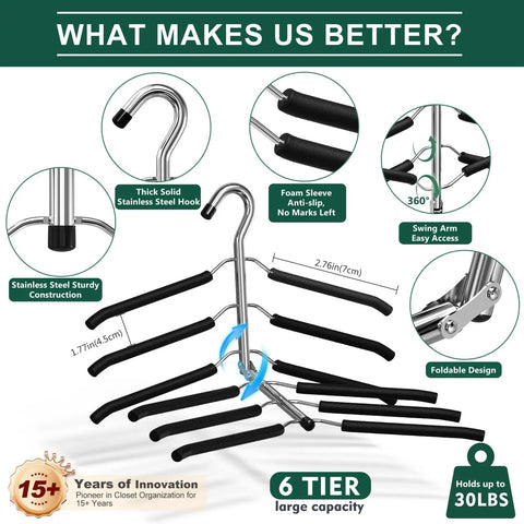 Multi Level Space Saving Closet Hangers With Plush Non Slip Foam Coating And Heavy Duty Black Steel Arms Hang Tight To Your Favorite Knits And Tees Without Shoulder Indents While Maximizing Rack Real Estate