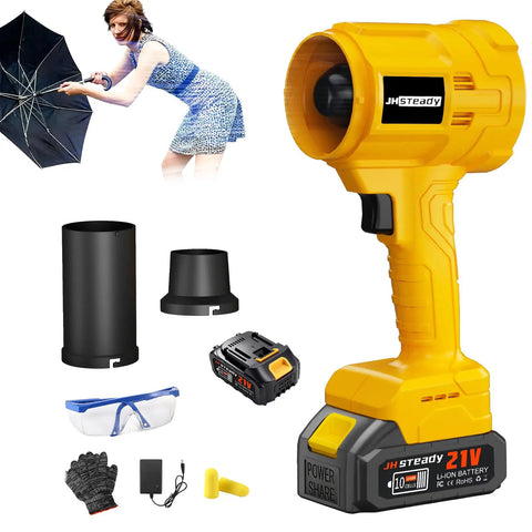 Cordless 21V Leaf Blower With Dual 4.0Ah Batteries, Brushless Motor, accessories shown, lightweight design, detachable nozzle