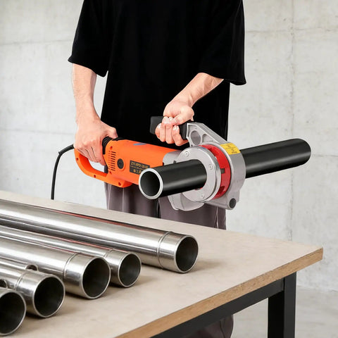 Heavy Duty 2300W Electric Pipe Threader With Six Dies And Carrying Case, handheld tool in use on black pipe.