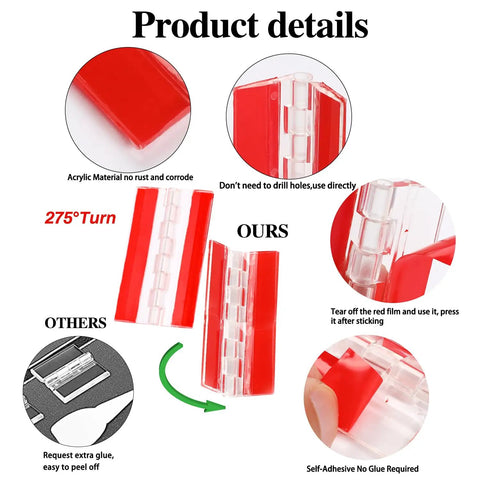 Four Pack Clear Acrylic Self Adhesive Hinges 75x45mm 275 Degree Rotating Transparent Plastic Hinge Set product details
