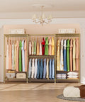 Kickass Heavy Duty Portable Closet Rack With Adjustable Metal Shelves, freestanding with various clothes organized inside.
