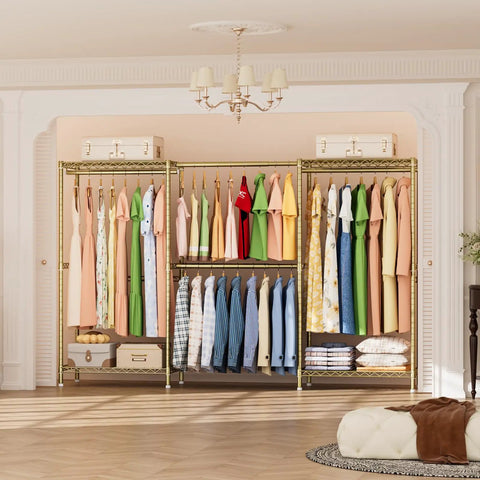 Kickass Heavy Duty Portable Closet Rack With Adjustable Metal Shelves, freestanding with various clothes organized inside.