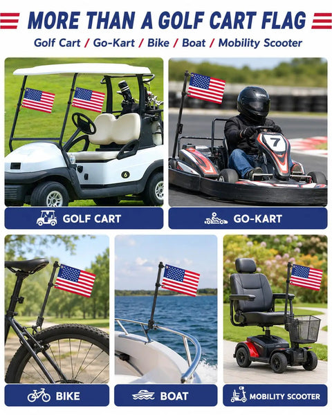 Premium Golf Cart American Flag 2 Pack 6X9 Inch Satin Patriotic Banner on golf cart, go-kart, bike, boat, mobility scooter.