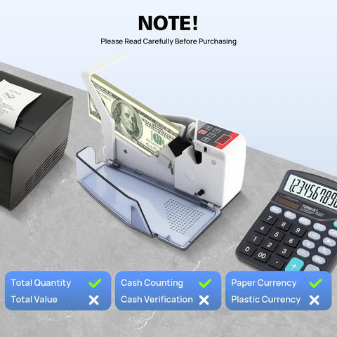 On The Go Money Counter Portable Bill Counter for cash and multicurrency, counting bills beside a calculator and receipt printer