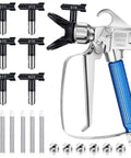 Heavy Duty Airless Paint Sprayer Gun Kit With Six Swappable Tips And Pop In Filters For Zero Mess Wall Coating and Fence Staining, showing sprayer and tips.
