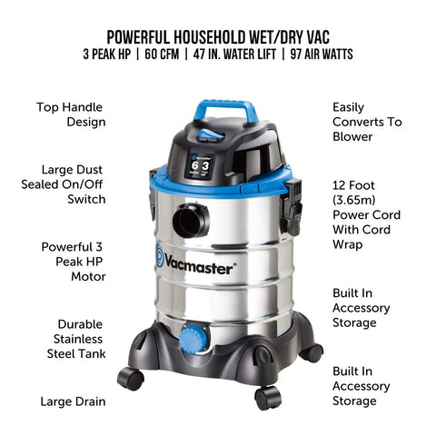 Six Gallon Stainless Steel Wet and Dry Shop Vacuum With 3 Peak HP Motor Onboard Accessory Storage Dust Sealed Switch