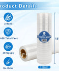 18 Inch Heavy Duty Stretch Wrap Film Pack Of 2 Rolls, 1200 Feet Each Roll, 60 Gauge Clear Pallet Wrap For Moving And Shipping
