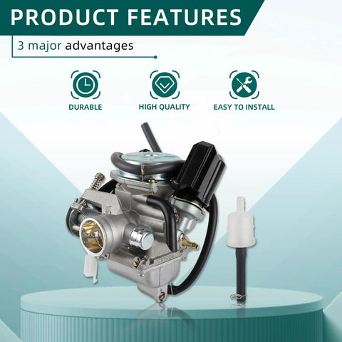 GY6 150Cc Carburetor 26mm Intake for scooter go kart 4 stroke engine replacement part, image showing features: durable, high quality, easy to install