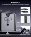 Premium 50 Watt Solar Panel Featuring Advanced N Type Cells And A Solid 25% Conversion Rate Built For Off Grid RV Campers showing dimensions and connectors.