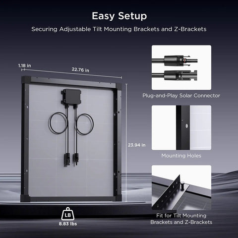 Premium 50 Watt Solar Panel Featuring Advanced N Type Cells And A Solid 25% Conversion Rate Built For Off Grid RV Campers showing dimensions and connectors.