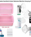 Open pink carrying case for portable handheld inhaler nebulizer machine, showing foam padding and easy access design.