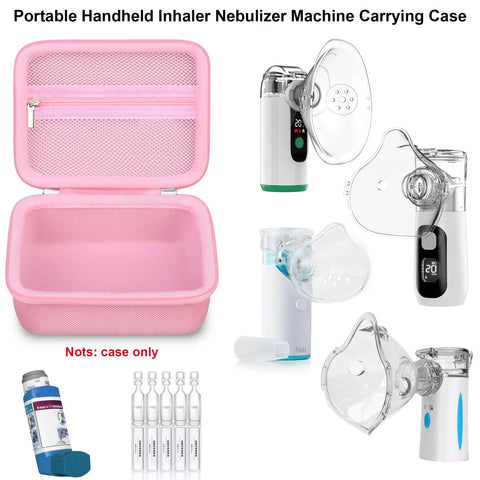 Open pink carrying case for portable handheld inhaler nebulizer machine, showing foam padding and easy access design.