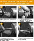 Four-step process for using a screw and bolt extractor on a metal surface.