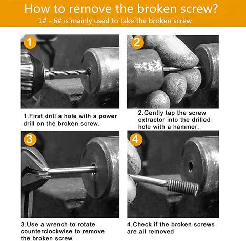 Four-step process for using a screw and bolt extractor on a metal surface.