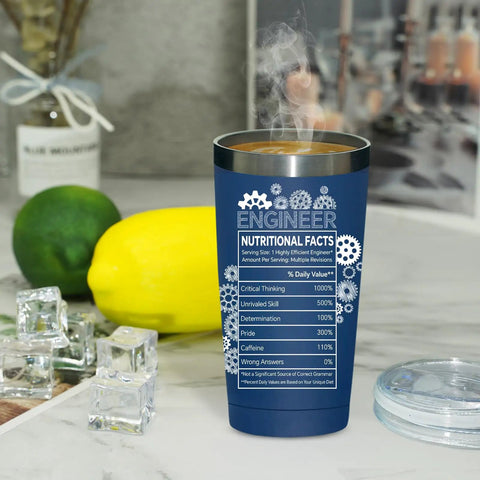 20oz Vacuum Insulated Tumbler For Engineers Mechanical Civil And Aerospace Pros Graduation Gift Or Retirement Present That Delivers Smiles A Practical Gear For Men Who Love Science And Gadgets on a table with fruit and ice cubes
