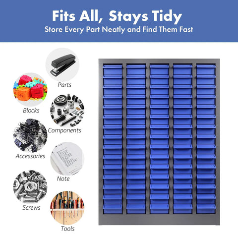 Heavy-Duty 100-Drawer Parts Storage Cabinet For Nuts And Bolts with blue drawers and gray frame