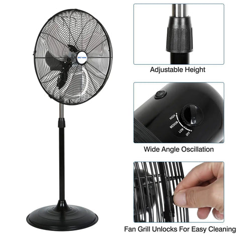 Powerful 20 Inch High Velocity Industrial Pedestal Fan With 5200 CFM, features including adjustable height and oscillation