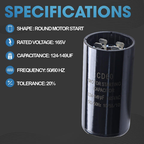 124 149 Uf Round CD60 Motor Start Capacitor 165 Vac Plus Or Minus 20 Percent For 50 60 Hz AC Motors image with specs