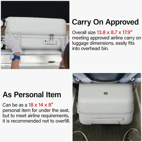 Collage showing 16 Inch Underseat Carry On Luggage With Spinner Wheels Hard Shell Suitcase for airline approval under seat.