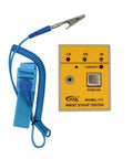 Portable Anti Static Wrist Strap Tester ESD Meter With Audible And Visual Pass Fail Indicator, features blue wrist strap and yellow tester