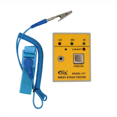 Portable Anti Static Wrist Strap Tester ESD Meter With Audible And Visual Pass Fail Indicator, features blue wrist strap and yellow tester