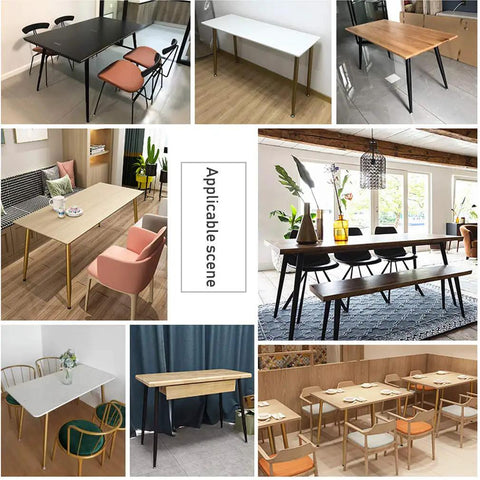 Premium Conical Adjustable Table Legs For Desks Dining Tables in various home and office settings with different table styles.