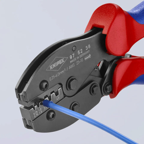 Five Position Ferrule Crimping Pliers For Insulated And Non-Insulated End Sleeves With Precision Dies Self-Releasing Lock Calibrated Crimp Force 0.25-6 mm2 AWG 23-10 Heavy Duty Pro Grade Tool with blue wire in crimping position.