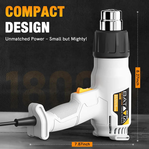 Heavy Duty 1800W Heat Gun with Dual Fuse Safety System, compact design, dual temperature settings, white and black color, 8.27x7.87 inch