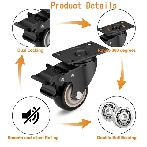 Close-up of Set Of 4 Heavy Duty Swivel Caster Wheels With Secure Brakes, showing dual locking and 360-degree rotation.