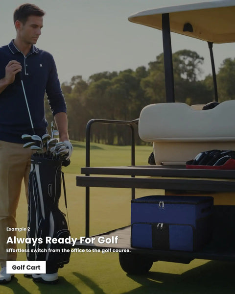 Man placing golf gear into golf cart with Ultimate Golf Trunk Organizer For Gear, Shoes And Accessories For Men And Golfers