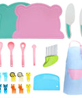 Kids 21-piece kitchen knife set by Amazon with pink and teal bear-shaped cutting mats, serrated knives, utensils, apron