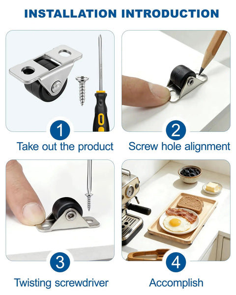 Installation steps for Eight Pack Mini Fixed Caster Wheels 1/2 Inch Quiet Rubber Casters with Metal Top Plate for Furniture