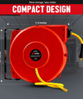 Retractable 3/8 Inch Air Hose Reel With 50 Foot PVC Hose, Heavy Duty Polypropylene Construction, shown in compact design