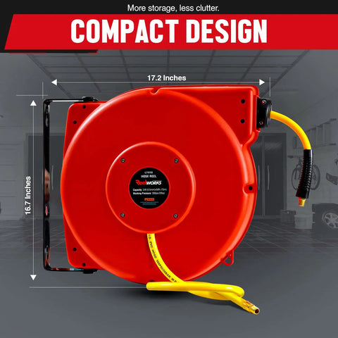 Retractable 3/8 Inch Air Hose Reel With 50 Foot PVC Hose, Heavy Duty Polypropylene Construction, shown in compact design
