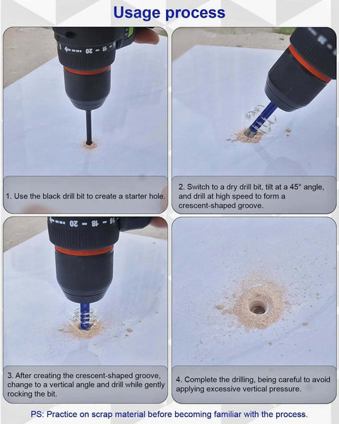 Geuoaoa 7-piece diamond drill bit set for tile; blue bit drills starter hole in ceramic surface.