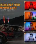 2 Pack 2 Foot RGB LED Whip Light Kit With Bluetooth App Control And Remote DIY Chasing Modes for ATV UTV, shown with turn signals and stop light