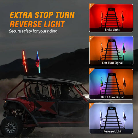 2 Pack 2 Foot RGB LED Whip Light Kit With Bluetooth App Control And Remote DIY Chasing Modes for ATV UTV, shown with turn signals and stop light