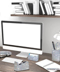 Blinged Out Desk Accessories Set Seven Piece Office Glam Kit With Diamond Tape Dispenser and Rhinestone Stapler on desk