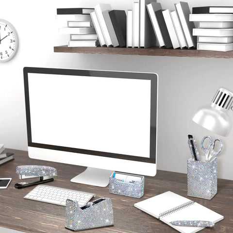 Blinged Out Desk Accessories Set Seven Piece Office Glam Kit With Diamond Tape Dispenser and Rhinestone Stapler on desk